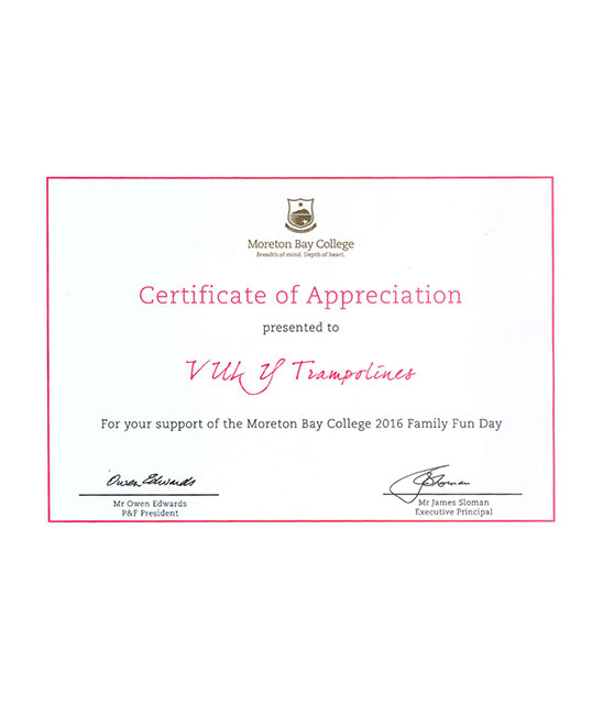 Certificate of appreciation from Moreton Bay College.